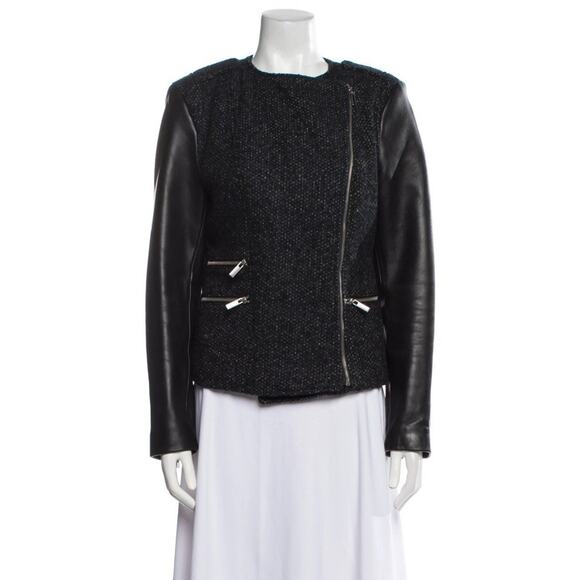 Maje Jackets & Blazers - Maje Black Tweed Leather Sleeve Moto Zip Jacket FR 38 US 6 Chic Parisian Style